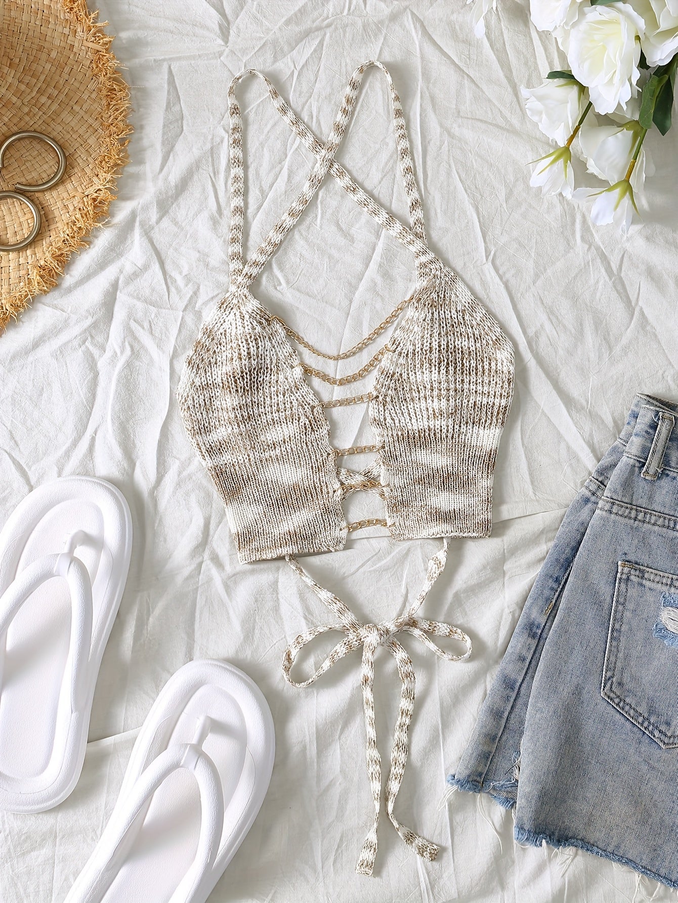 Sexy Gradient Knit Cami Top with Golden Chain Detail - V-Neck, Sleeveless, Stretch Fabric, Light Blue to White Ombre Design for Women - Perfect for Spring/Summer/Fall